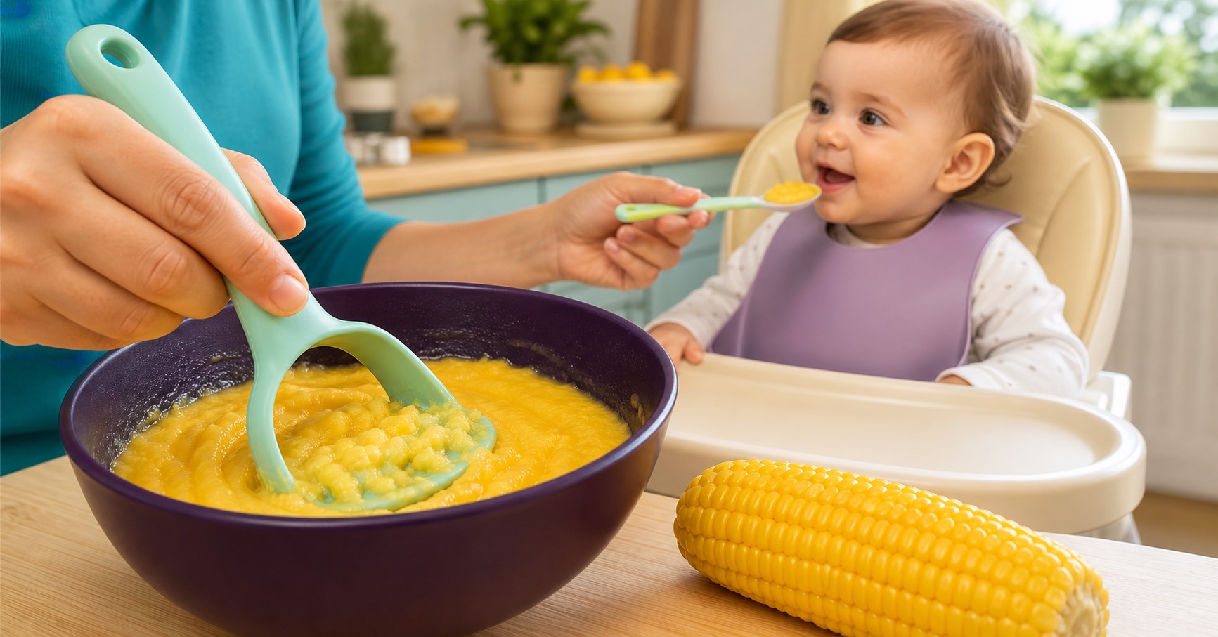 A caregiver mashes cooked corn into smooth yellow purée in a plum bowl while offering a small spoonful to a baby in a high chair.