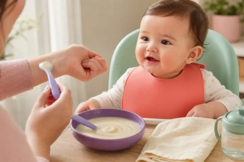 A caregiver holds smooth cream-colored wheat cereal near the wrist while a baby in a coral bib waits beside a lavender bowl.
