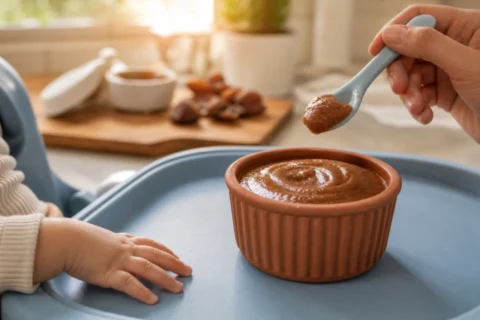 Adult hand holds smooth date puree above a terracotta bowl beside a baby's hand.