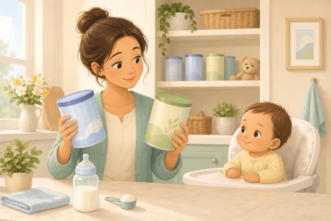 A caregiver holding two formula cans beside a bottle and scoop while a baby sits in a high chair.