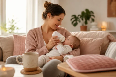 A parent holds a baby and feeds from a bottle on a sofa beside a mug and a pink blanket.
