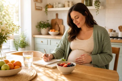Pregnant parent at a kitchen table writes a meal plan beside fruit and a glass of water.