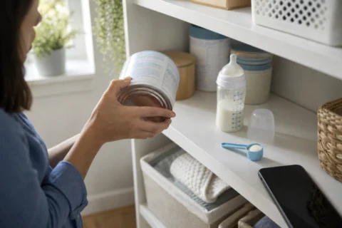 A caregiver holds a formula can beside a bottle and scoop on a nursery shelf.