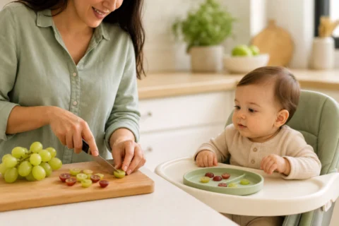 A parent cuts grapes on a board while a baby watches from a high chair beside a plate of halved grapes.
