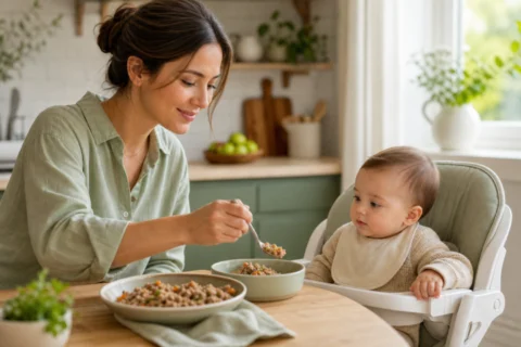 Editorial scene illustrating introducing ground turkey to your baby's diet in a bright home setting.