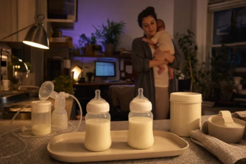 Two prepared baby bottles sit beside breast pump and formula supplies