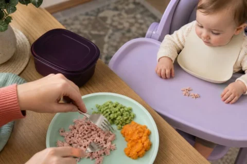 A caregiver uses two forks to finely shred cooked ham on a mint plate while a baby watches a few tiny shreds on a lavender tray.