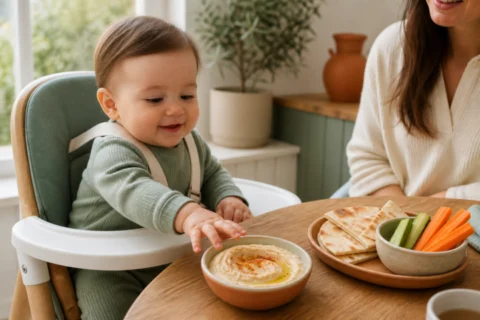 Baby in a high chair reaching toward a small bowl of hummus and pita on a wooden table.