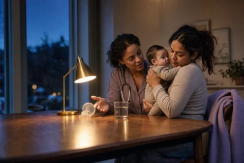 Lactation clinician supports a mother holding her awake baby at an evening table.