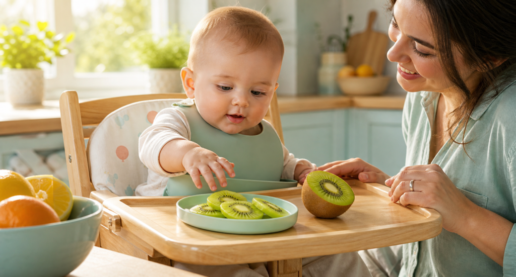 A baby in a high chair reaches toward sliced kiwi while a caregiver smiles beside the tray.