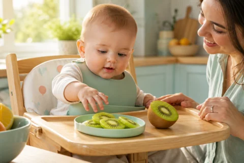 A baby in a high chair reaches toward sliced kiwi while a caregiver smiles beside the tray.