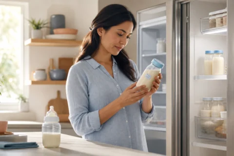 A caregiver in a bright kitchen checks a labeled bottle of stored milk beside an open refrigerator.