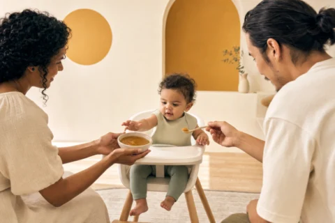 Two caregivers offer a seated baby smooth liver and carrot puree