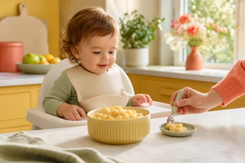 Editorial scene illustrating feeding your baby mac and cheese: an age-by-age guide in a bright home setting.