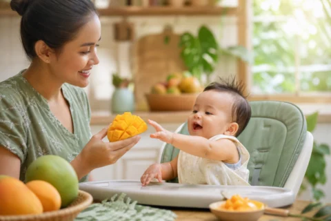 Baby reaches toward mango slices held by a caregiver in a bright kitchen.