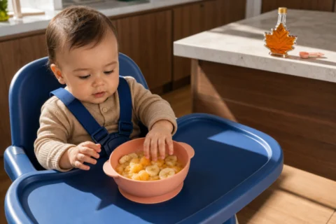 Baby touches sliced fruit in a peach bowl while maple syrup sits out of reach.