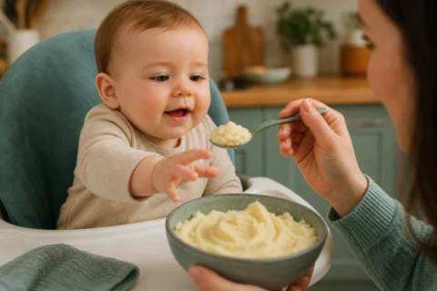 Baby reaches toward a spoonful of mashed potatoes in a kitchen high chair scene.
