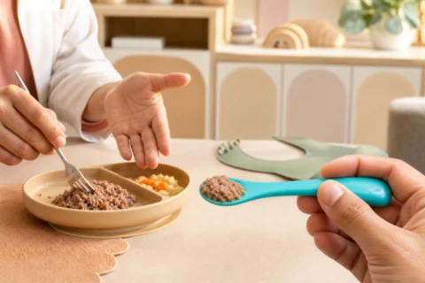 Adult hands demonstrate finely shredded cooked meat and a turquoise baby spoon in a pediatric feeding room.