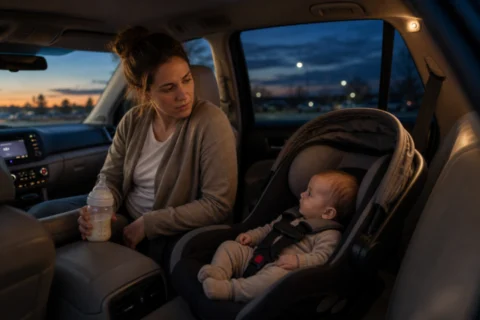 Editorial scene illustrating can i feed my baby milk in the car seat? a comprehensive guide in a bright home setting.