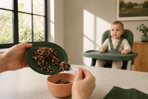 Caregiver portions cooked chopped mushrooms as baby watches from high chair