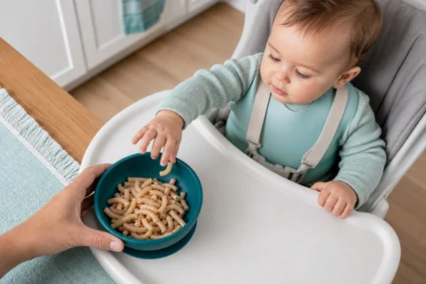 Editorial scene illustrating can i feed my baby noodles? a comprehensive guide in a bright home setting.