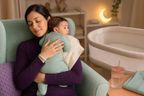 A fully clothed parent holds a baby upright on the left shoulder with a cream burp cloth and mint reminder bracelet.