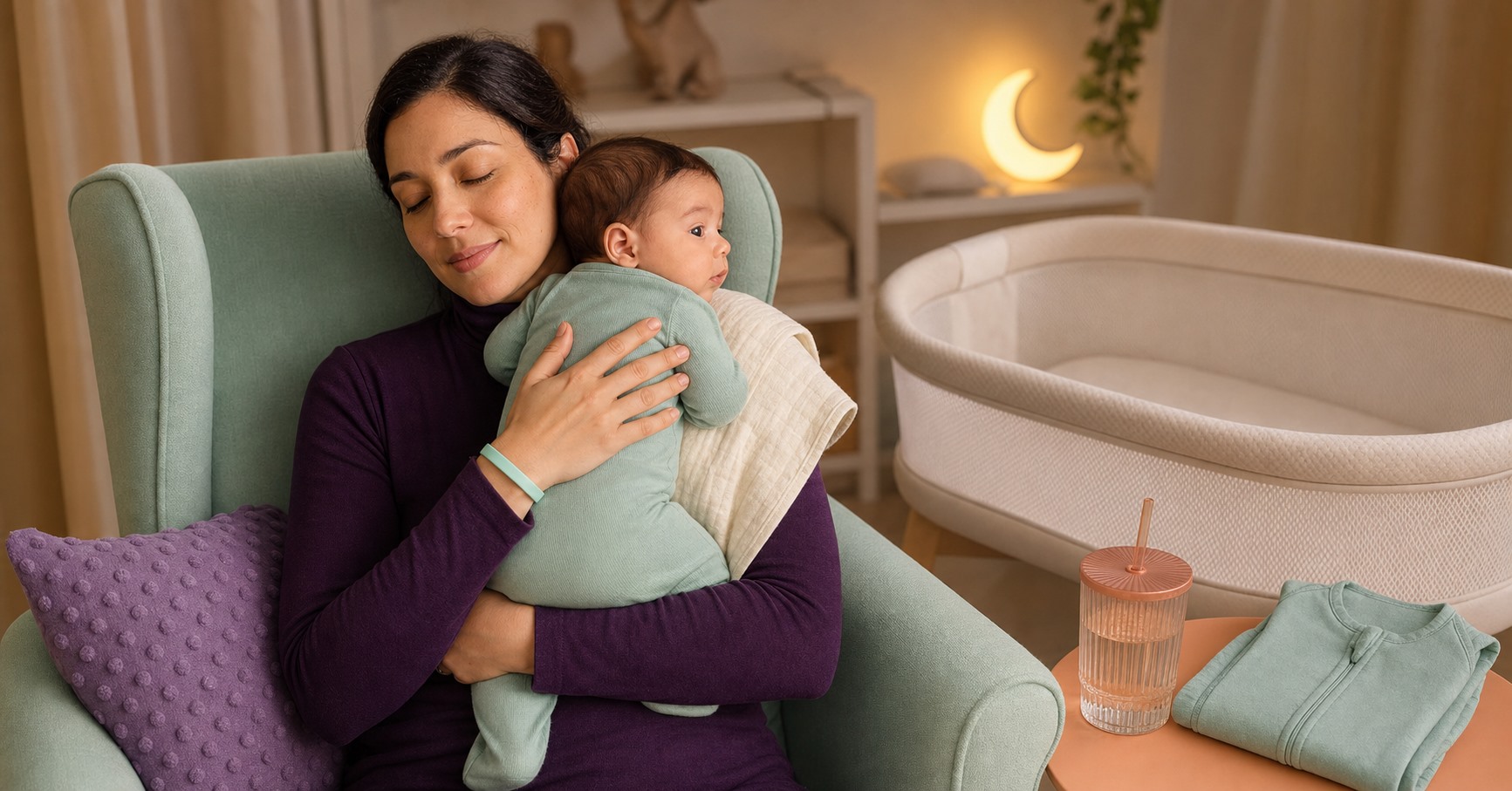 A fully clothed parent holds a baby upright on the left shoulder with a cream burp cloth and mint reminder bracelet.
