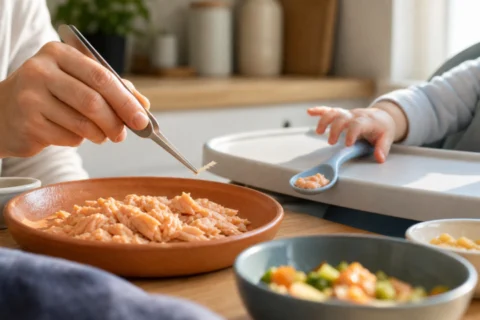 Adult hand removes a bone from cooked salmon beside a baby spoon