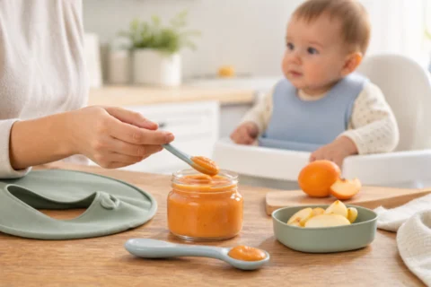 A caregiver spoons orange puree from a jar while a baby sits in a high chair nearby.
