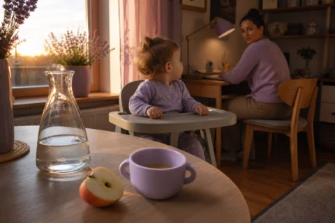 Toddler watches her mother from a high chair beside an open juice cup.