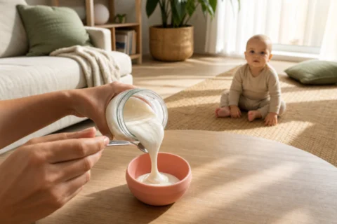 Caregiver portions creamy dairy into a coral bowl while a baby sits on a living room rug.