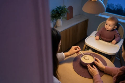 A dietitian stirs smooth nut butter into porridge as a baby watches.