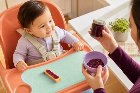 Older baby secured in a high chair with a soft toast finger and thin berry spread while caregiver compares fruit options