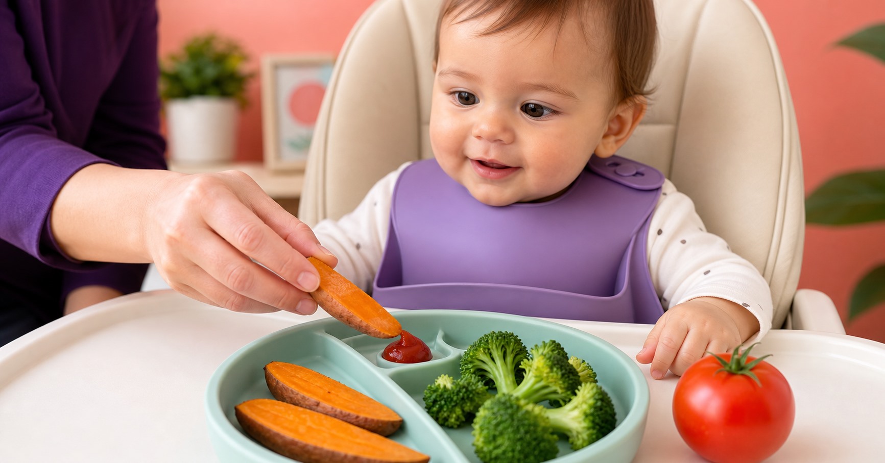 A caregiver dips a soft sweet-potato wedge into a tiny ketchup dab on a mint plate beside a supervised baby and ripe tomato.