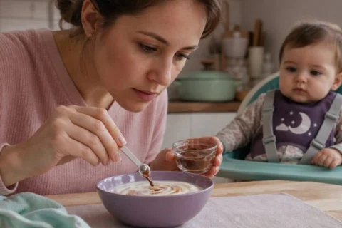 A mother mixes a tiny measured smear of generic chocolate-hazelnut spread into plain yogurt while a harnessed baby watches.