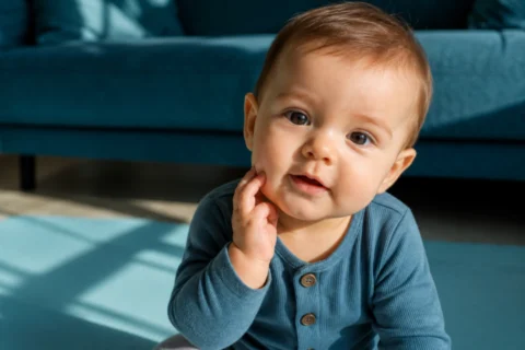 Awake baby touches one cheek on a pale aqua play mat