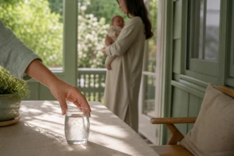 Adult sets down water as caregiver holds newborn on porch