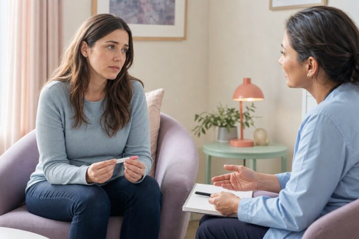 Woman holds a capped pregnancy test while speaking with a healthcare professional in a quiet consultation room.