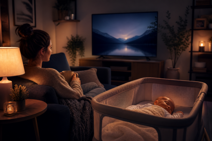 Parent sitting on a couch with a mug while a sleeping baby rests in a bassinet nearby and the TV glows softly.