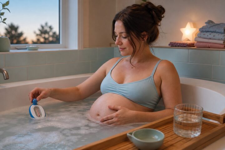Pregnant woman checks bath water with a thermometer while resting one hand on her belly.
