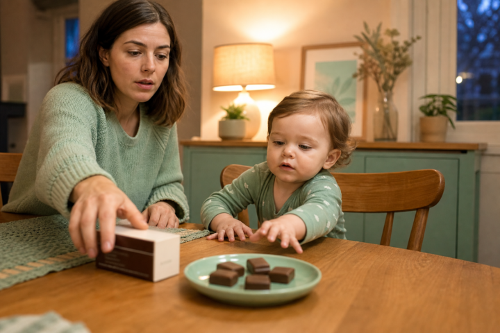 A parent reaches for a medicine box while a toddler stretches toward chocolate squares on a green plate.