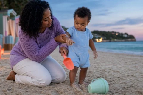 Mother holds her toddler's sandy hand away from his closed mouth while offering a coral beach scoop.