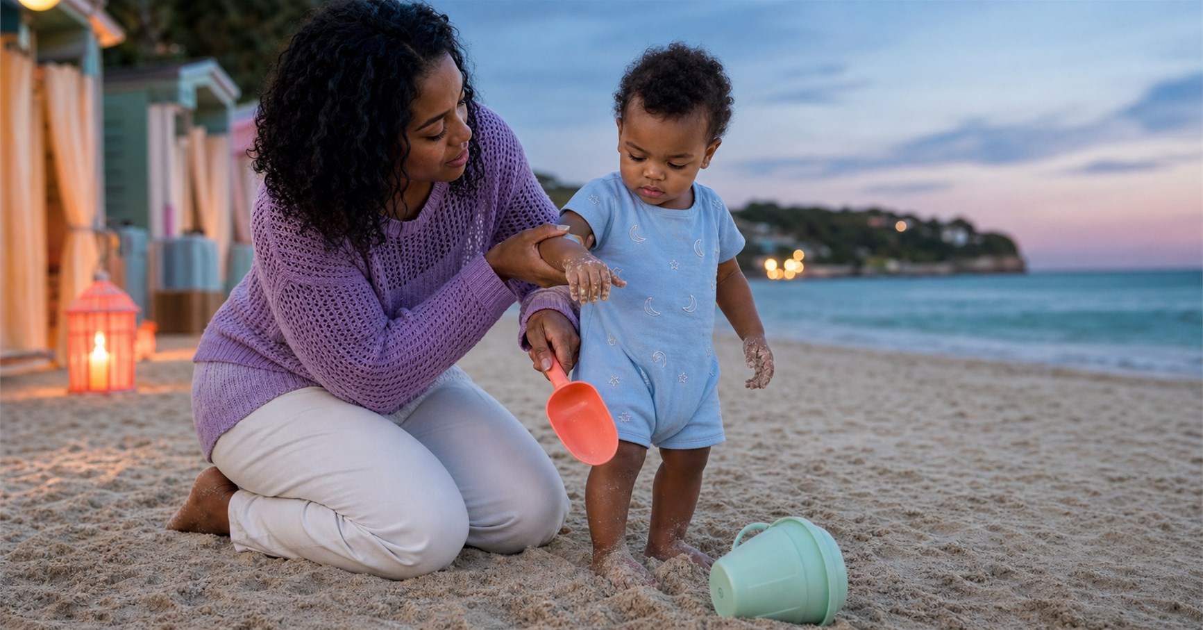 Mother holds her toddler's sandy hand away from his closed mouth while offering a coral beach scoop.
