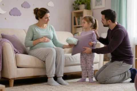 A seated mother rests one hand on her abdomen while a child holds a cushion and a father offers calm support.
