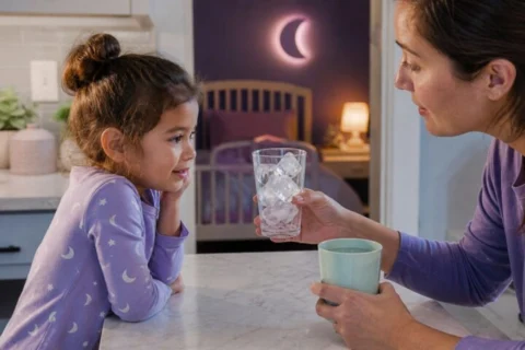 Preschool child watching a parent hold a clear cup of large ice cubes while offering cool water in a mint cup
