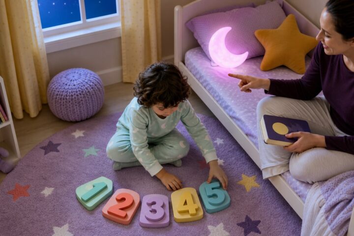 Preschool child arranging large pastel number blocks one through five on a lavender rug while a parent waits with a bedtime book