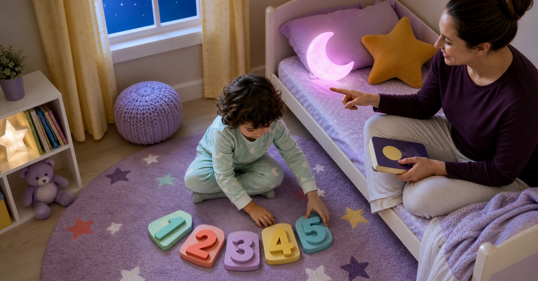 Preschool child arranging large pastel number blocks one through five on a lavender rug while a parent waits with a bedtime book