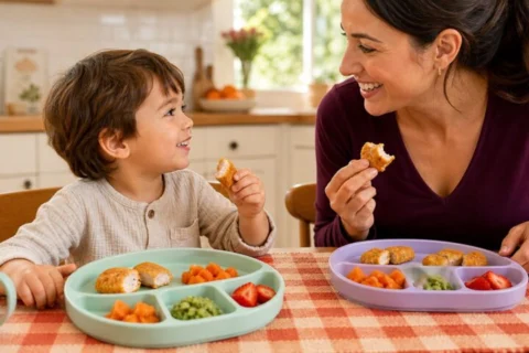 Preschooler and caregiver eating cut chicken nuggets beside tiny no-pressure portions of soft foods