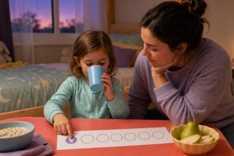 Preschool child drinking water beside a seven-circle weekly tracker with one bathroom sticker while a parent watches