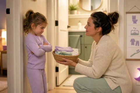 Parent kneels with clean pajamas beside a hesitant child near a bathroom at bedtime.